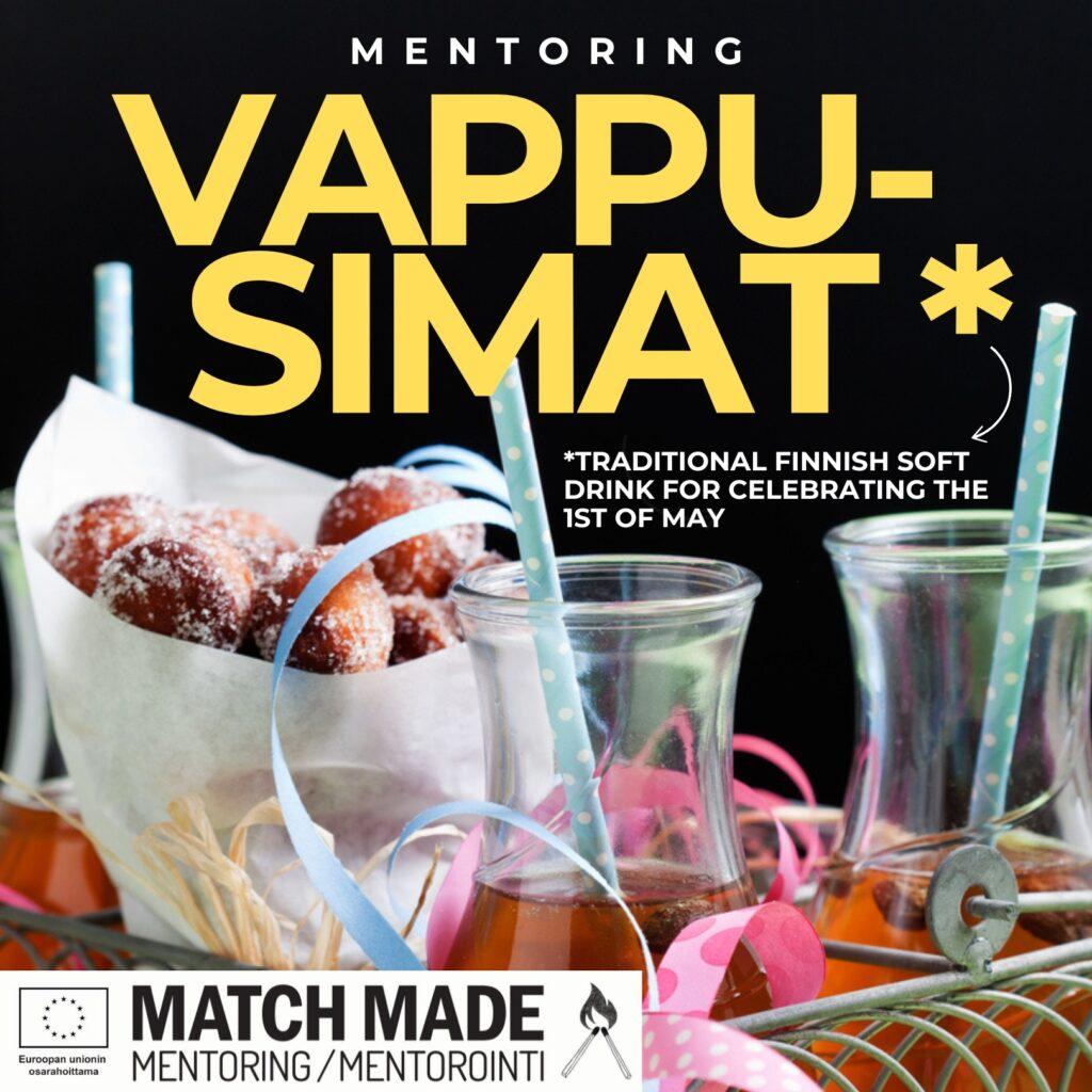 Mentoring vappusimat, kuvassa munkkeja ja laseja, joissa simaa